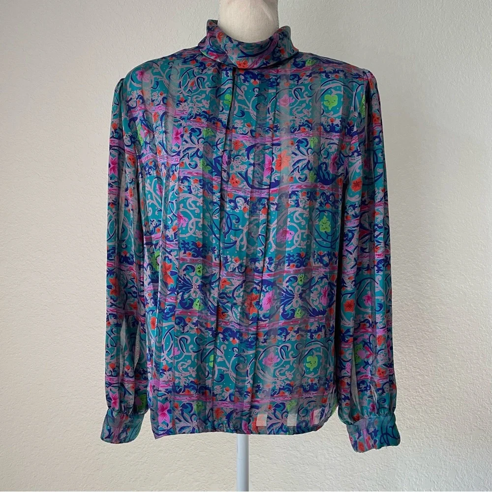 NICOLA AMAZING VINTAGE FLORAL MOCK NECK BUTTON DOWN BALOON SLEEVE BLOUSE TOP - Picture 2 of 16